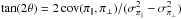 \hbox{$\tan(2\theta) = 2 \, \text{cov}(\piparall, \piperp)/(\sigmaparall^2 - \sigmaperp^2)$}