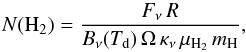 \begin{equation} \label{eq:dust_cdens} N({\rm H_2})=\frac{F_\nu\,R}{B_\nu(T_{\rm d})\,\Omega\,\kappa_{\nu}\,\mu_{\rm H_2}\,m_{\rm H}}, \end{equation}