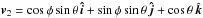 \hbox{$\vec{v}_{2} = \cos\phi\sin\theta\,\vec{\hat{i}} + \sin\phi\sin\theta\,\vec{\hat{j}} + \cos\theta\,\hat{\vec{k}}$}