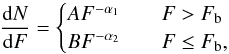\begin{equation} \label{cappellutieq} \frac{{\rm d}N}{{\rm d}F}=\begin{cases} AF^{-\alpha_1}\qquad F > F_{\mathrm{b}}\\ BF^{-\alpha_2}\qquad F \leq F_{\mathrm{b}} , \end{cases} \end{equation}