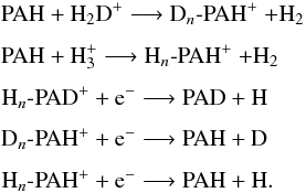 \begin{eqnarray*} &&\rm PAH + H_2D^+ \longrightarrow D_{\it n}\mbox{-}PAH^+ ~{+}H_2\\[1.5mm] &&\rm PAH + H_3^+ \longrightarrow H_{\it n}\mbox{-}PAH^+~ {+}H_2\\[1.5mm] &&\rm H_{\it n}\mbox{-}PAD^+ + e^- \longrightarrow PAD + H\\[1.5mm] &&\rm D_{\it n}\mbox{-}PAH^+ + e^- \longrightarrow PAH + D\\[1.5mm] &&\rm H_{\it n}\mbox{-}PAH^+ + e^- \longrightarrow PAH + H.\\ \end{eqnarray*}