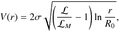 \begin{eqnarray} V(r) = 2\sigma \sqrt{ \left(\frac{{\cal L}}{{\cal L}_M} - 1\right) \ln{\frac{r}{R_0}}}, \end{eqnarray}