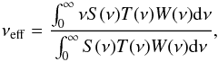 \appendix \setcounter{section}{2} \begin{equation} \nu_{\rm eff} = \frac{\int_0^{\infty} \nu S(\nu) T(\nu) W(\nu) {\rm d}\nu}{\int_0^{\infty}S(\nu) T(\nu) W(\nu) {\rm d}\nu}, \end{equation}