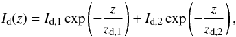 \begin{equation} \label{eq:vprof} I_{\rm d} (z) = I_{\rm d, 1} \exp \left(-\frac{z}{z_{\rm d,1}}\right) + I_{\rm d ,2} \exp \left(-\frac{z}{z_{\rm d,2}}\right), \end{equation}