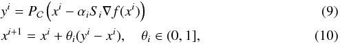\begin{eqnarray} \label{2_SGPalg} &&y^i = {P}_\mathcal{C}\left(x^i-\alpha_iS_i\nabla f(x^i)\right)\\ &&x^{i+1} = x^i+\theta_i(y^i-x^i), \quad \theta_i\in(0,1] , \end{eqnarray}