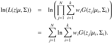 \begin{eqnarray*} \ln(L(z|\mu,\Sigma)) & = &\ln\left(\prod_{j=1}^{N}\sum_{i=1}^{k} w_i G(z_j|\mu_i,\Sigma_i) \right)\\ & =& \sum_{j=1}^{N}\ln\sum_{i=1}^{k} w_i G(z_j|\mu_i,\Sigma_i). \end{eqnarray*}