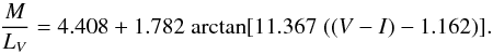 \begin{equation} \frac{M}{L_{V}} = 4.408 + 1.782 \; {\rm arctan}[11.367 \; ((V - I) - 1.162)] . \end{equation}