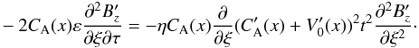 \begin{eqnarray} - 2 C_{\rm A}(x)\varepsilon \frac{\partial^2 B_z^\prime } {\partial \xi \partial \tau} = -\eta C_{\rm A}(x) \frac{\partial }{\partial \xi} (C_{\rm A}^\prime(x)+V_0^\prime(x))^2 t^2 \frac{\partial^2 B_z^\prime } {\partial \xi^2}\cdot \label{15} \end{eqnarray}