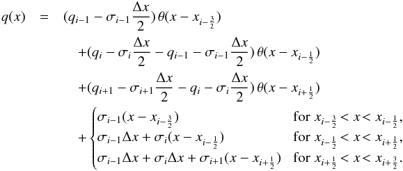 \appendix \setcounter{section}{1} \begin{eqnarray} \label{eq:qdistr} q(x) &=& (q_{i-1} - \sigma_{i-1}\frac{\Delta x}{2})\,\theta(x - x_{i-\frac{3}{2}})\nonumber\\ && \quad + (q_{i} - \sigma_{i}\frac{\Delta x}{2} - q_{i-1} - \sigma_{i-1}\frac{\Delta x}{2})\, \theta(x - x_{i-\frac{1}{2}}) \\ && \quad + (q_{i+1} - \sigma_{i+1}\frac{\Delta x}{2} - q_{i} - \sigma_{i}\frac{\Delta x}{2})\, \theta(x - x_{i+\frac{1}{2}})\nonumber\\ && \quad + \begin{cases} \sigma_{i-1}(x - x_{i-\frac{3}{2}}) &\! \text{for}\; x_{i-\frac{3}{2}} \!< x \!< x_{i-\frac{1}{2}} , \\ \sigma_{i-1}\Delta x + \sigma_{i}(x - x_{i-\frac{1}{2}}) &\! \text{for}\; x_{i-\frac{1}{2}} \!< x \!< x_{i+\frac{1}{2}} , \\ \sigma_{i-1}\Delta x + \sigma_{i}\Delta x + \sigma_{i+1}(x - x_{i+\frac{1}{2}}) &\! \text{for}\; x_{i+\frac{1}{2}} \!< x \!< x_{i+\frac{3}{2}} . \end{cases}\nonumber \end{eqnarray}