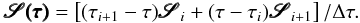 \begin{equation} \label{eq:delo_interpol} \pmb{\mathscr{S}(\tau)} = \left[(\tau_{i+1} - \tau)\pmb{\mathscr{S}}_{i} + (\tau - \tau_{i})\pmb{\mathscr{S}}_{i+1}\right]/\Delta\tau. \end{equation}
