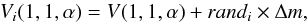 \begin{equation} V_i(1,1,\alpha)=V(1,1,\alpha)+rand_i\times\Delta m, \end{equation}