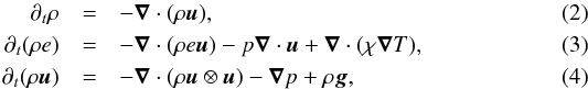 \begin{eqnarray} \partial_t \rho &=& - \vec \nabla \cdot (\rho \vec u), \label{eq:cons1}\\ \partial_t ( \rho e ) &=& -\vec \nabla \cdot (\rho e \vec u) - p\vec \nabla \cdot \vec u + \vec \nabla \cdot (\chi \vec \nabla T), \label{eq:cons2} \\ \partial_t ( \rho \vec u ) &=& - \vec \nabla \cdot (\rho \vec u\otimes \vec u)-\vec \nabla p + \rho \vec g, \label{eq:cons3} \end{eqnarray}