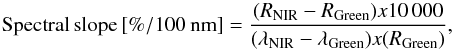 \begin{eqnarray*} \mathrm{Spectral \, slope \, [\%/100~nm]}= \frac{(R_{\rm NIR}-R_{\rm Green}) x 10\,000}{(\lambda_{\rm NIR}-\lambda_{\rm Green})x(R_{\rm Green})} , \end{eqnarray*}