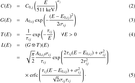 \begin{eqnarray} C(E) & = & C_{0,j} \left( \frac{E}{511~\mathrm{keV}} \right)^{\alpha_{j}} \label{eq:conti} \\ G(E) & = & A_{0,ij} \exp \left(- \frac{(E-E_{0,ij})^2}{2\sigma_{ij}} \right) \label{eq:gaussian} \\ T(E) & = & \frac{1}{\tau_{ij}} \exp \left( - \frac{\tau_{ij}}{E} \right) \quad \forall E > 0 \label{eq:tail} \\ L(E) & = & (G \otimes T)(E) \nonumber \\ & = & \sqrt{\frac{\pi}{2}} \frac{A_{0,ij} \sigma_{ij}}{\tau_{ij}} \exp \left( \frac{2 \tau_{ij} (E-E_{0,ij}) + \sigma_{ij}^2}{2 \tau_{ij}^2} \right) \nonumber \\ & &\times\ {\rm erfc} \left( \frac{\tau_{ij} (E-E_{0,ij}) + \sigma_{ij}^2}{\sqrt{2} \sigma_{ij} \tau_{ij}} \right)\cdot \label{eq:fit_fun} \end{eqnarray}