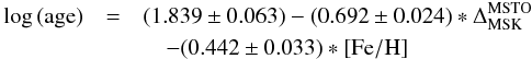 \begin{eqnarray} \log {\rm (age)} &=& (1.839\pm0.063)-(0.692\pm0.024)*\Delta_{\rm MSK}^{\rm MSTO} \nonumber\\ &&\quad - (0.442\pm0.033)*{\rm [Fe/H]} \end{eqnarray}
