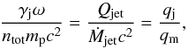 \begin{equation} {\gamma_{\rm j}\omega\over n_{\rm tot} m_{\rm p}c^2}= {Q_{\rm jet}\over \dot M_{\rm jet}c^2}={q_{\rm j}\over q_{\rm m}}, \label{b_eq} \end{equation}