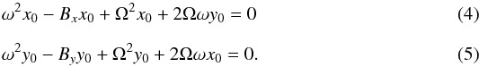\begin{eqnarray} && \omega^2 x_0 -B_x x_0 + \Omega^2 x_0 + 2\Omega \omega y_0 = 0 \\[2mm] &&\omega^2 y_0 -B_y y_0 + \Omega^2 y_0 + 2\Omega \omega x_0 = 0 . \end{eqnarray}