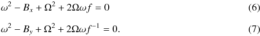 \begin{eqnarray} &&\omega^2-B_x+\Omega^2+2\Omega\omega f =0 \\[2mm] &&\omega^2-B_y+\Omega^2+2\Omega\omega f^{-1} =0. \end{eqnarray}