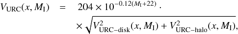 \appendix \setcounter{section}{4} \begin{eqnarray} V_{\rm URC}(x,M_{\rm I})&=&\,204\times 10^{-0.12(M_{\rm I}+22)} \cdot\nonumber \\ \quad & & \times \sqrt{V^{2}_{\rm URC-disk}(x,M_{\rm I})+V^{2}_{\rm URC-halo}(x,M_{\rm I})}, \label{urc_tot} \end{eqnarray}
