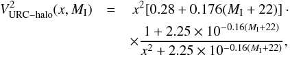 \appendix \setcounter{section}{4} \begin{eqnarray} \label{urc_halo} V^{2}_{\rm URC-halo}(x,M_{\rm I})&=&\,x^{2}[0.28+0.176(M_{\rm I}+22)]\cdot\nonumber \\ \quad & & \times \frac{1+2.25\times 10^{-0.16(M_{\rm I}+22)}}{x^{2}+2.25\times 10^{-0.16(M_{\rm I}+22)}}, \end{eqnarray}