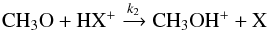 \begin{equation} \mathrm{CH_3O + HX^+ \xrightarrow{{\it k}_2} CH_3OH^+ + X} \label{ch3odestruc} \end{equation}