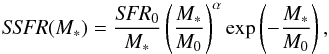 \begin{equation} \textit{SSFR}(M_{\ast})=\frac{\textit{SFR}_{0}}{M_{\ast}} \left(\frac{M_{\ast}}{M_{0}}\right)^{\alpha} \exp \left(-\frac{M_{\ast}}{M_{0}}\right), \end{equation}