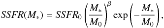 \begin{equation} \textit{SSFR}(M_{\ast})=\textit{SSFR}_{0} \left(\frac{M_{\ast}}{M_{0}}\right)^{\beta} \exp \left(-\frac{M_{\ast}}{M_{0}}\right), \end{equation}