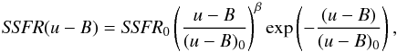 \begin{equation} {\it SSFR}(u-B)= {\it SSFR}_{0} \left( \frac{u-B}{(u-B)_{0}} \right)^{\beta} \exp \left(-\frac{(u-B)}{(u-B)_{0}} \right), \end{equation}