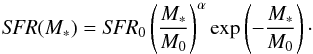 \begin{equation} \textit{SFR} (M_{\ast})=\textit{SFR}_{0} \left(\frac{M_{\ast}}{M_{0}}\right)^{\alpha} \exp \left(-\frac{M_{\ast}}{M_{0}}\right)\cdot \end{equation}