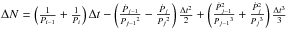 \hbox{$\Delta N=\left(\frac{1}{P_{i-1}}+\frac{1}{P_i}\right)\Delta t-\left(\frac{\dot P_{j-1}}{{P_{j-1}}^2}-\frac{\dot P_{j}}{{P_{j}}^2}\right )\frac{\Delta t^2}{2}+\left(\frac{{\dot P_{j-1}}^2}{{P_{j-1}}^3}+\frac{{\dot P_{j}}^2}{{P_{j}}^3}\right )\frac{\Delta t^3}{3}$}