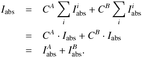 \appendix \setcounter{section}{2} \begin{eqnarray} \nonumber I_{\rm abs} & = & C^A \sum_i I_{\rm abs}^i + C^B \sum_i I_{\rm abs}^i\\\nonumber & = & C^A\cdot I_{\rm abs} + C^B\cdot I_{\rm abs}\\\label{eq_abs6} & = & I_{\rm abs}^A + I_{\rm abs}^B. \end{eqnarray}