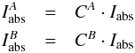 \appendix \setcounter{section}{2} \begin{eqnarray*} I_{\rm abs}^A & = & C^A\cdot I_{\rm abs}\\ I_{\rm abs}^B & = & C^B\cdot I_{\rm abs} \end{eqnarray*}