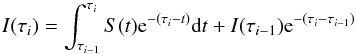 \appendix \setcounter{section}{2} \begin{equation} \label{rad_solution1} I(\tau_{i})=\int_{\tau_{i-1}}^{\tau_{i}}S(t){\rm e}^{-(\tau_{i}-t)}{\rm d}t+I(\tau_{i-1}) {\rm e}^{-(\tau_{i}-\tau_{i-1})} \end{equation}