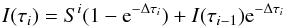 \appendix \setcounter{section}{2} \begin{equation} \label{sol_serie} I(\tau_i)=S^i(1-{\rm e}^{-\Delta\tau_i})+I(\tau_{i-1}) {\rm e}^{-\Delta\tau_{i}} \end{equation}
