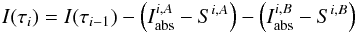 \appendix \setcounter{section}{2} \begin{eqnarray*} I(\tau_i) = I(\tau_{i-1})-\left(I_{\rm abs}^{i,A}-S^{i,A}\right)-\left(I_{\rm abs}^{i,B}-S^{i,B}\right) \end{eqnarray*}