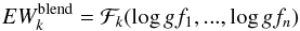 \begin{equation} \label{eq_ew_manylines} EW_{k}^{\rm blend} = \mathcal{F}_{k}(\log gf_1,...,\log gf_n) \end{equation}