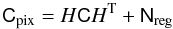 \begin{equation} \tens{C}_{\rm pix} = H \tens C H^{\rm T} +\tens{N}_{\rm reg} \label{pixmatrix} \end{equation}