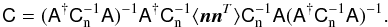 \begin{equation} \tens{C} = (\Amat^{\dagger}\Cn^{-1}\Amat)^{-1}\Amat^{\dagger}\Cn^{-1} \langle \vec n \vec n^{T}\rangle \Cn^{-1}\Amat(\Amat^{\dagger}\Cn^{-1}\Amat)^{-1}\text{.} \label{artcov} \end{equation}