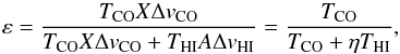 \begin{equation} \varepsilon = {\frac{T_{\mathrm{CO}} X\Delta v_{\mathrm{CO}}} {{T_{\mathrm{CO}} X\Delta v_{\mathrm{CO}} + T_{\mathrm{HI}} A\Delta v_{\mathrm{HI}}}}} = {\frac{T_{\mathrm{CO}}}{T_{\mathrm{CO}} + \eta T_{\mathrm{HI}}}} \label{eq:epsdef} , \end{equation}