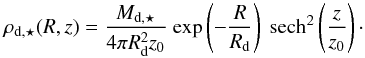 \begin{equation} \label{diskdensprof} \rho_{\rm d,\star} (R,z)=\frac{M_{\rm d,\star}}{4 \pi R_{\rm d}^2 z_0} \ \mathrm{ exp}\left(-\frac{R}{R_{\rm d}}\right) \ \mathrm{ sech}^2 \left(\frac{z}{z_0}\right)\cdot \end{equation}