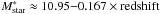 \hbox{$M^{*}_\mathrm{star}\approx10.95{-}0.167\times\rm{redshift}$}