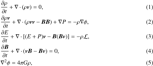 \begin{eqnarray} \label{mhd1}&&\frac{\partial \rho}{\partial t} + \nabla\cdot(\rho \vec{v})= 0, \\ \label{mhd2}&&\frac{\partial \rho \vec{v}}{\partial t} + \nabla\cdot(\rho\vec{v}\vec{v} -\vec{B}\vec{B}) +\nabla P = -\rho \nabla \phi, \\ \label{mhd3}& &\frac{\partial E}{\partial t} + \nabla\cdot[(E+P)\vec{v} - \vec{B}(\vec{B}\vec{v})] = -\rho {\cal L}, \\ \label{mhd4}&&\frac{\partial \vec{B}}{\partial t} +\nabla\cdot(\vec{v}\vec{B} - \vec{B}\vec{v}) = 0, \\ \label{mhd5}&&\nabla^2 \phi = 4\pi G \rho , \end{eqnarray}