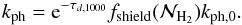 \begin{equation} k_{\mathrm{ph}} = {\rm e}^{-\tau_{d,1000}} f_\mathrm{shield} (\mathcal{N}_{\mathrm{H_2}} ) k_{\mathrm{ph,0}}. \label{kdest} \end{equation}