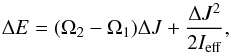 \begin{equation} \label{eq:applegate_energy} \Delta E = ( \Omega _2 - \Omega _1 ) \Delta J + \frac{\Delta J ^{2}}{2 I_{\rm eff}}, \end{equation}