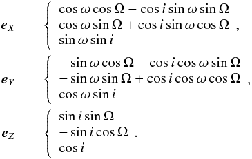 \begin{eqnarray} \vec{e}_X&&\left\{ \begin{array}{l} \cos\omega\cos\Omega-\cos i\sin\omega\sin\Omega\\ \cos\omega\sin\Omega+\cos i\sin\omega\cos\Omega\\ \sin\omega\sin i \end{array}\right. \!\!,\nonumber\\ \vec{e}_Y&&\left\{ \begin{array}{l} -\sin\omega\cos\Omega-\cos i\cos\omega\sin\Omega\\ -\sin\omega\sin\Omega+\cos i\cos\omega\cos\Omega\\ \cos\omega\sin i \end{array}\right. \!\!,\nonumber\\ \vec{e}_Z&&\left\{ \begin{array}{l} \sin i\sin\Omega\\ -\sin i\cos\Omega\\ \cos i \end{array}\right. \!\!. \label{exeyez} \end{eqnarray}