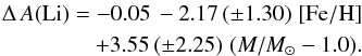 Mathematical equation: \begin{eqnarray} \Delta\,A({\rm Li}) = -0.05 \, -2.17 \, (\pm 1.30) \,\, {\rm [Fe/H]} \nonumber \\ + 3.55 \, (\pm 2.25) \,\, (M / M_{\odot} - 1.0). \end{eqnarray}