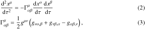 \begin{eqnarray} &&\frac{{\rm d}^{2} x^{\mu}}{{\rm d} \tau^{2}} =-\Gamma^{\mu}_{\alpha\beta}\frac{{\rm d} x^{\alpha}}{{\rm d} \tau}\frac{{\rm d} x^{\beta}}{{\rm d} \tau}\label{eq:paper4fundamentalEomIncludingNonGrav}\\ &&\Gamma^{\mu}_{\alpha\beta} =\frac{1}{2}g^{\mu\nu}\left(g_{\nu\alpha,\beta}+g_{\nu\beta,\alpha}-g_{\alpha\beta,\nu}\right)\label{eq:paper4christoffelMetricLink}, \end{eqnarray}