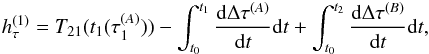 \begin{eqnarray} h^{(1)}_{\tau}=T_{21}(t_{1}(\tau^{(A)}_{1}))-\int_{t_{0}}^{t_{1}}\frac{{\rm d}\Delta\tau^{(A)}}{{\rm d}t}{\rm d}t+\int_{t_{0}}^{t_{2}}\frac{{\rm d}\Delta\tau^{(B)}}{{\rm d}t}{\rm d}t\label{eq:paper4oneWayWrittenOut}, \end{eqnarray}