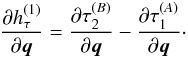 \begin{eqnarray} \frac{\partial h_{\tau}^{(1)}}{\partial \vec{q}}=\frac{\partial \tau^{(B)}_{2}}{\partial \vec{q}}-\frac{\partial \tau^{(A)}_{1}}{\partial \vec{q}}\label{eq:paper4generalTimeTransferPartial}\cdot \end{eqnarray}