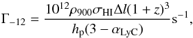 \begin{equation} \label{eq:gamma} \Gamma_{-12} = \frac{10^{12} \rho_{900} \sigma_{\rm HI} \Delta l (1+z)^3} {h_{\rm p} (3-\alpha_{\rm LyC})} \rm s^{-1} , \end{equation}